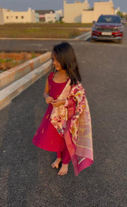 (MAX10) Premium Pink Raw Silk Chudithar with kalamkari Dhupatta
