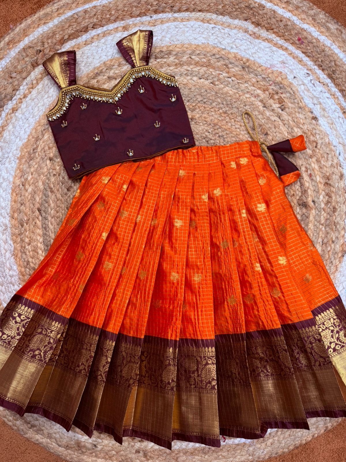 (SB518)Original Gadwal Silk Lehenga with Aari Worked Crop Tops