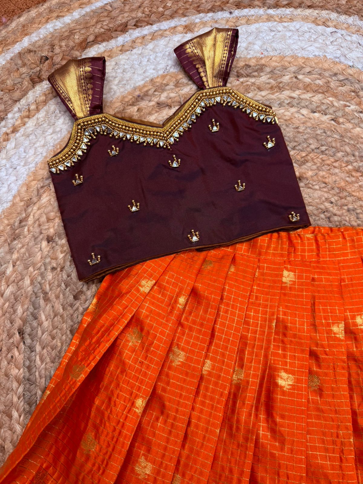 (SB518)Original Gadwal Silk Lehenga with Aari Worked Crop Tops
