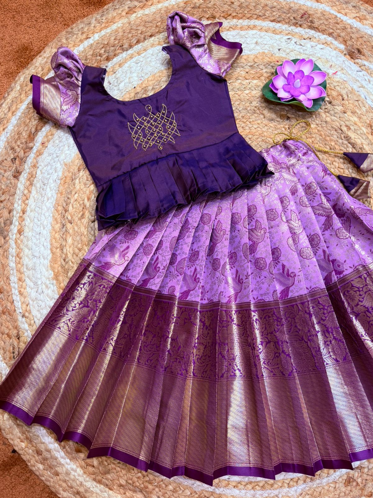 (SB523)Kothai - Purple with Lavender Kolam Aari Worked Pavadai Sattai