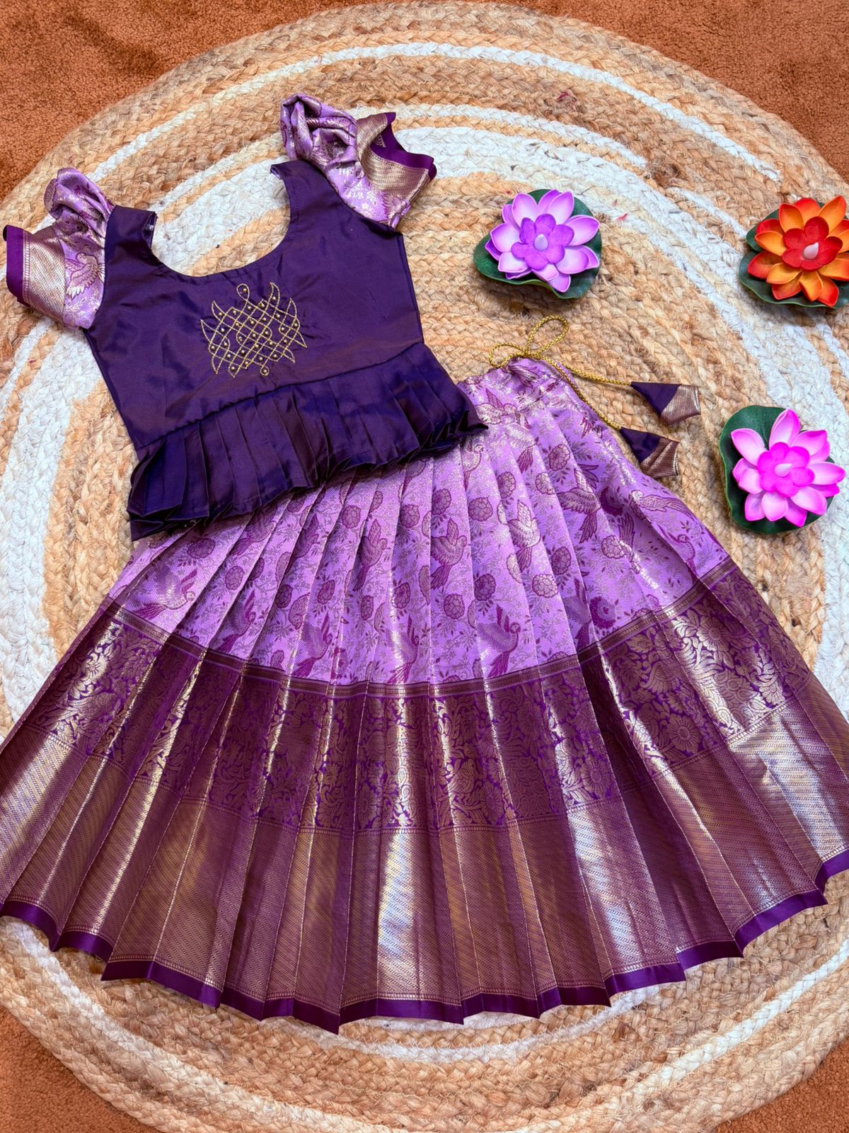 (SB523)Kothai - Purple with Lavender Kolam Aari Worked Pavadai Sattai