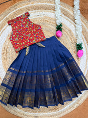 (SB528)Chettinad Ink Blue Skirt with Red Kalamkari Sattai