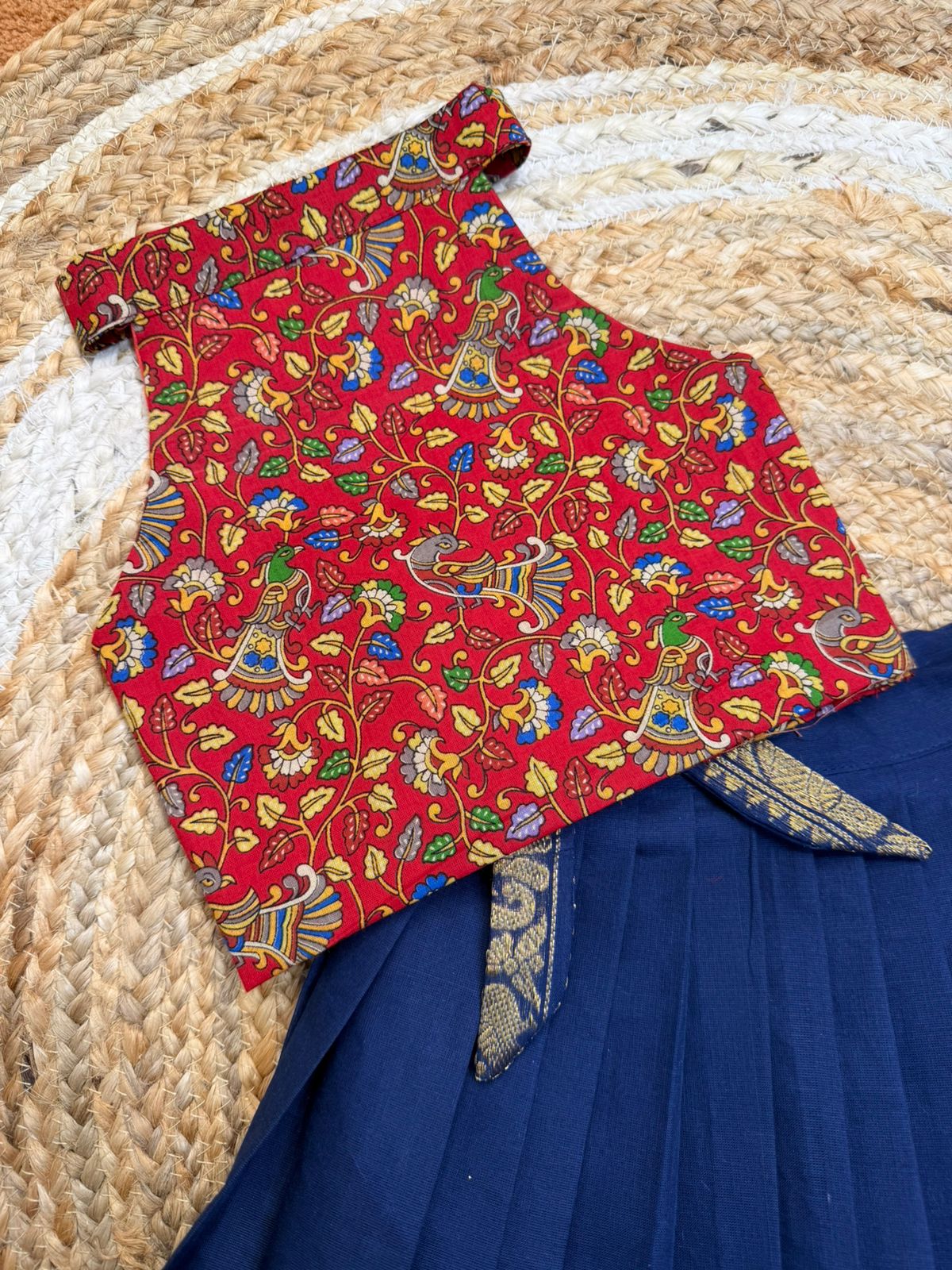 (SB528)Chettinad Ink Blue Skirt with Red Kalamkari Sattai