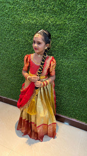 (SB530)Chandhini - Golden with Red Kanchi Semi Silk Gown with Aari Worked Georgette Duphatta