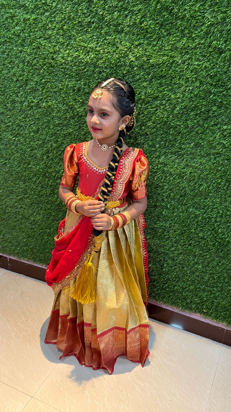 (SB530)Chandhini - Golden with Red Kanchi Semi Silk Gown with Aari Worked Georgette Duphatta