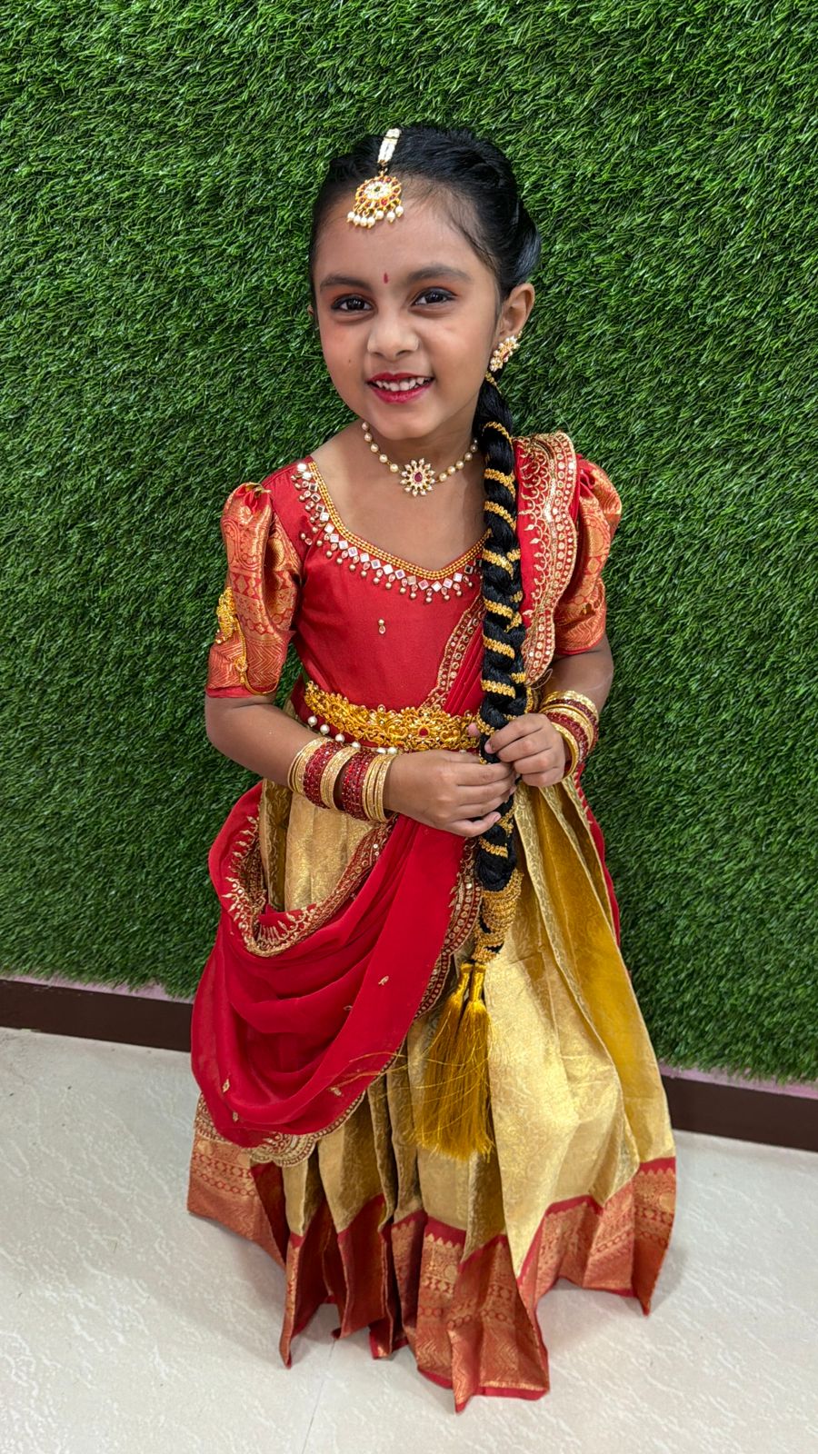 (SB530)Chandhini - Golden with Red Kanchi Semi Silk Gown with Aari Worked Georgette Duphatta