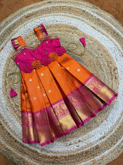 (SB531)Orange with Pink Gadwal Silk Gown