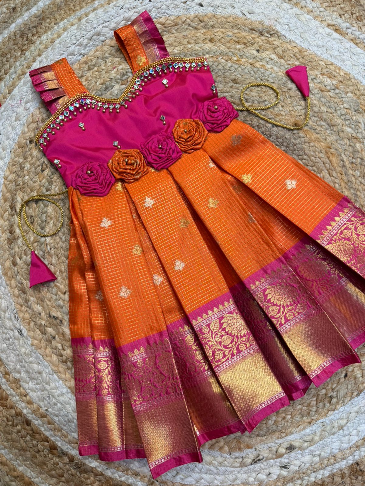 (SB531)Orange with Pink Gadwal Silk Gown
