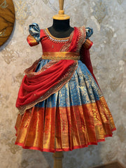 (SB532)Blue with Red Kanchi Silk Gown with Aari & Embroidery Duhupatta