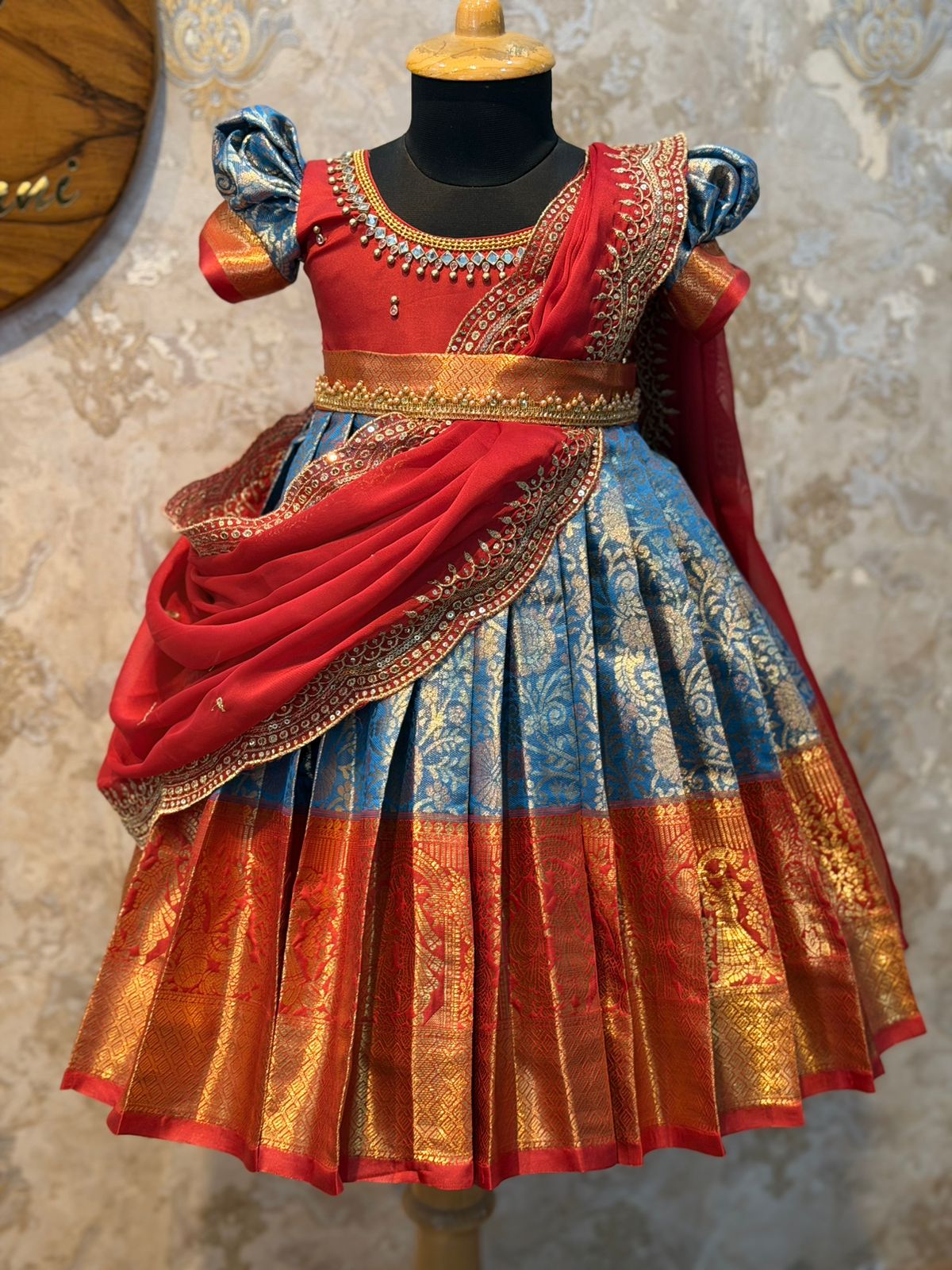 (SB532)Blue with Red Kanchi Silk Gown with Aari & Embroidery Duhupatta