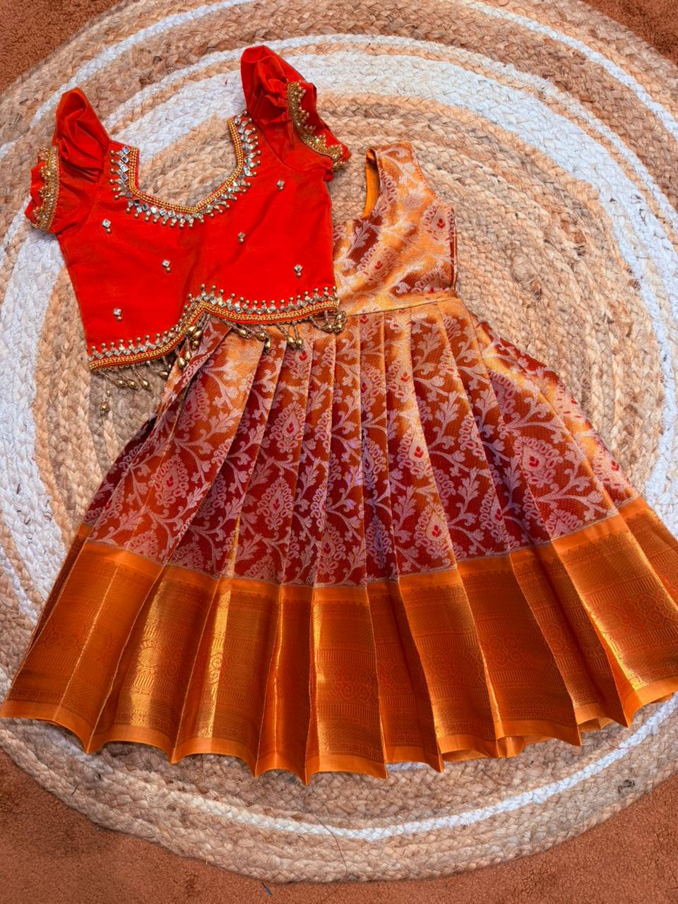 (SB533)Orange Mittai - Kanchipuram Silk Gown with Orange Tops