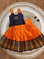 (SB547)Orange with Brown Kolam Aari Worked Gadwal Pavadai Sattai