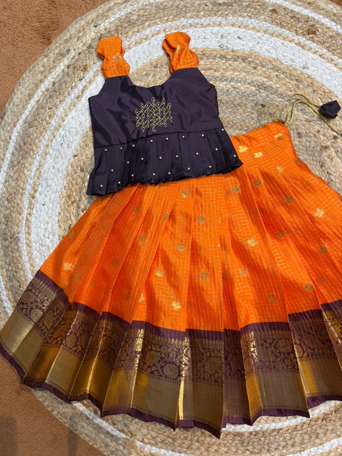 (SB547)Orange with Brown Kolam Aari Worked Gadwal Pavadai Sattai