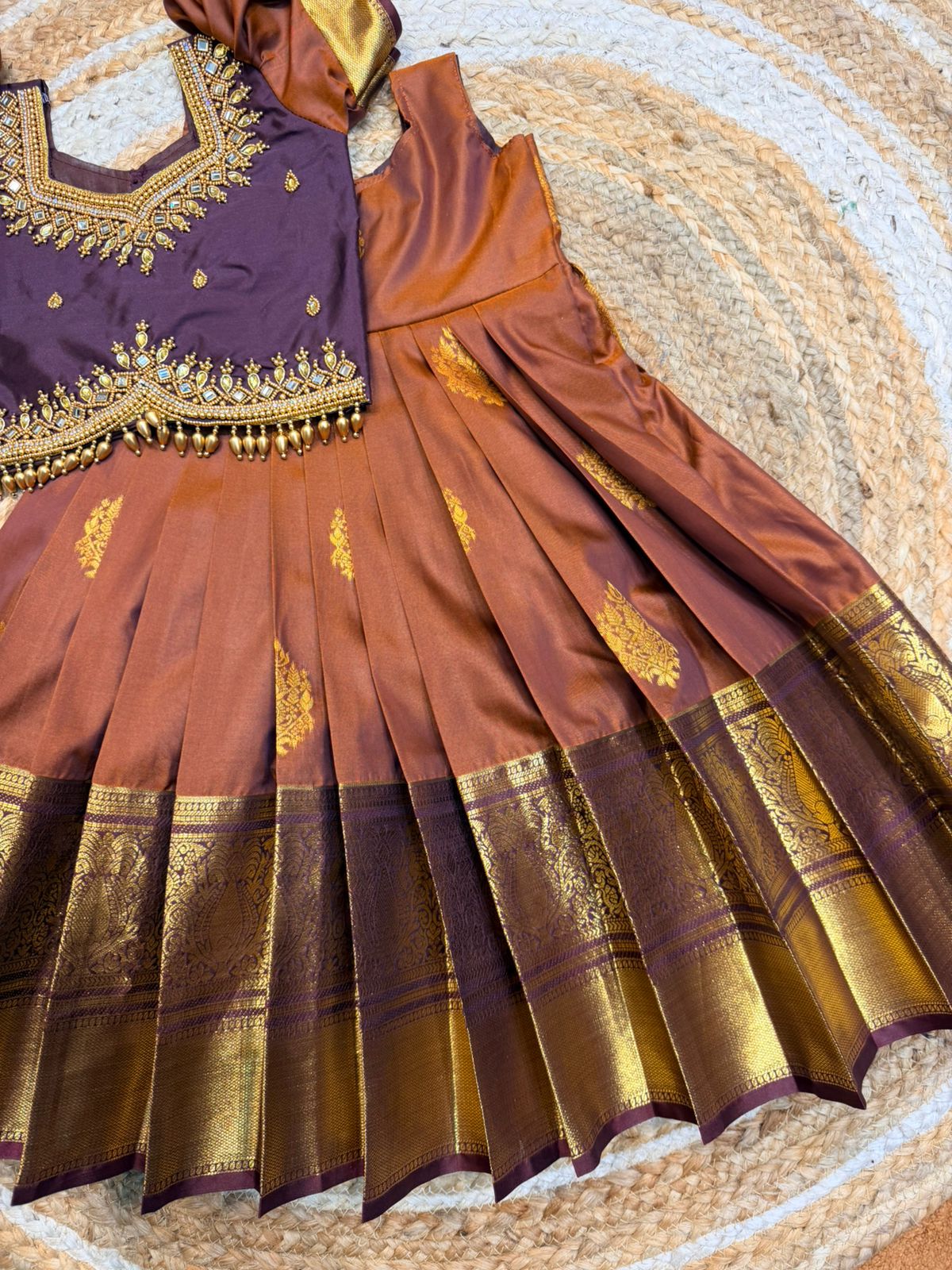 (SB549) Kanchipuram Rustic Brown Pavadai Sattai Aari Worked Tops