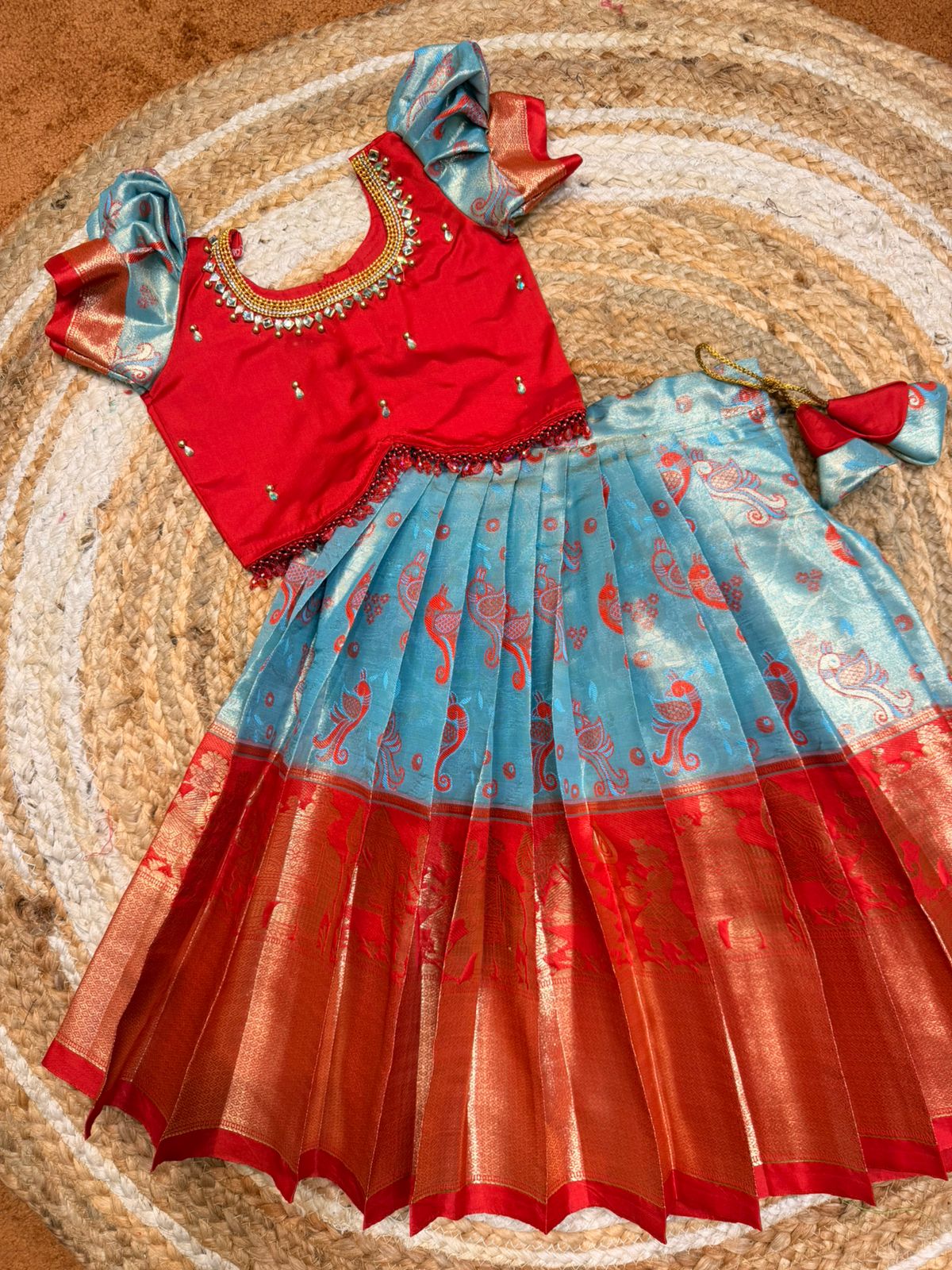 (SB550) Sea Shimmer - Bright Blue with Red Pavadai Sattai