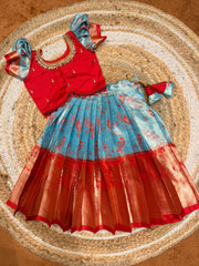 (SB550) Sea Shimmer - Bright Blue with Red Pavadai Sattai