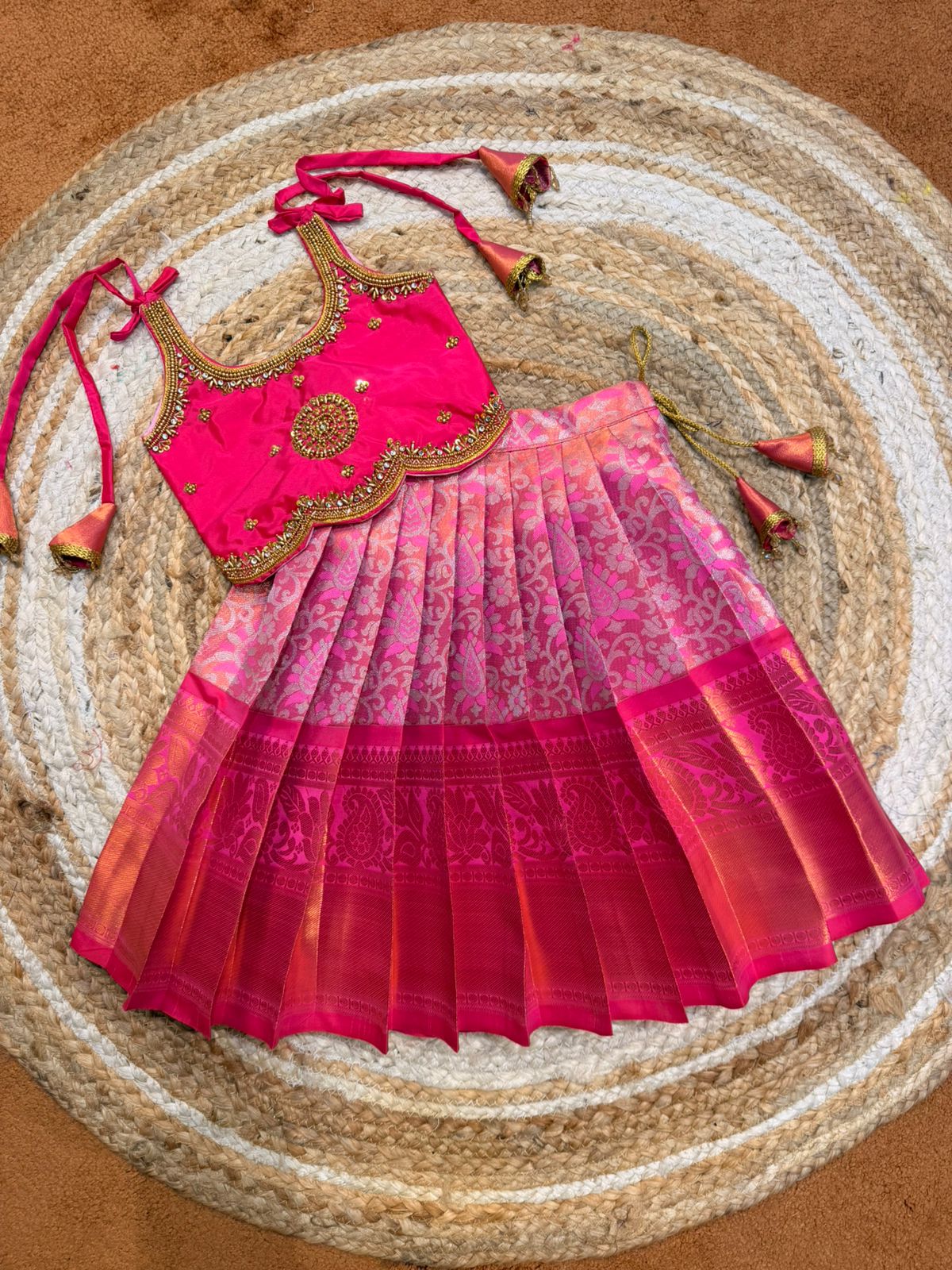 (SB555)Chakra - Pink Tissue Kanchi Silk Pavadai Sattai with Originally Aari Worked Tops