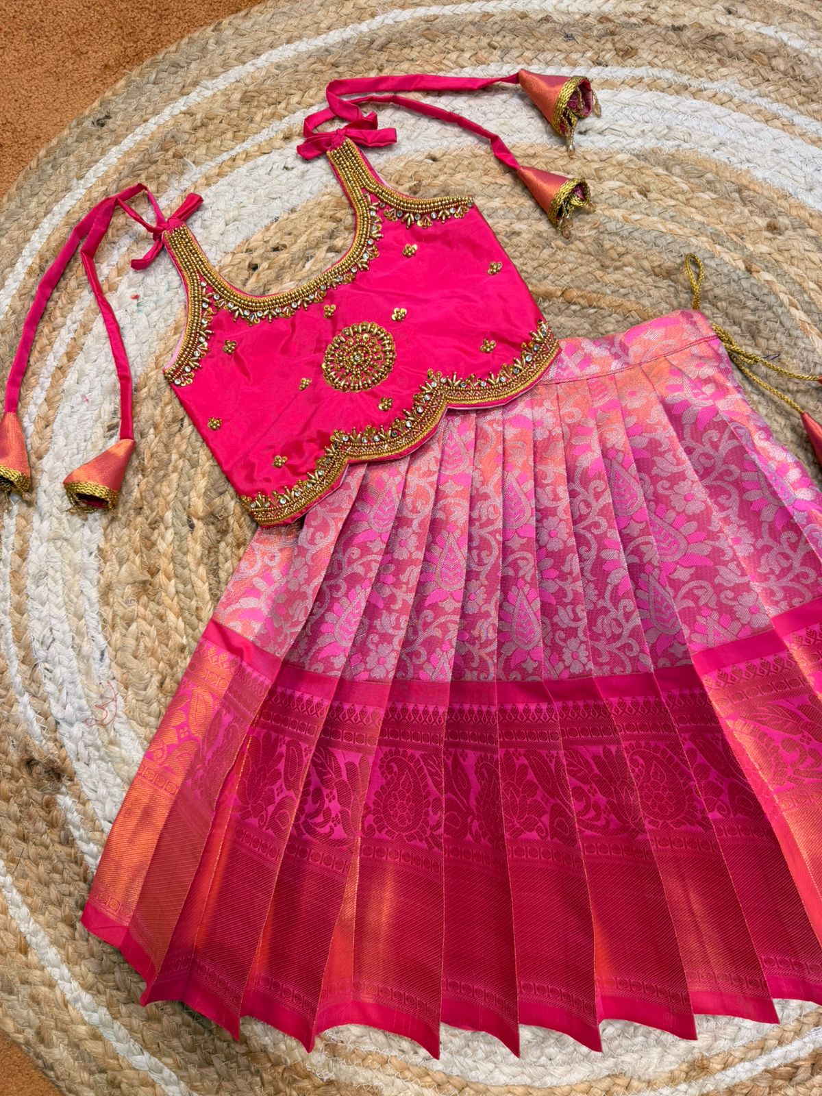 (SB555)Chakra - Pink Tissue Kanchi Silk Pavadai Sattai with Originally Aari Worked Tops