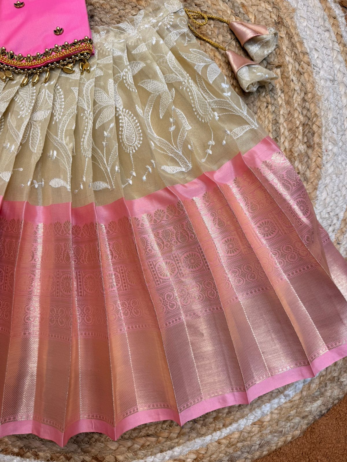 (SB564) Baby - Baby Pink and Sandal Full Embroidered Silk Lehenga