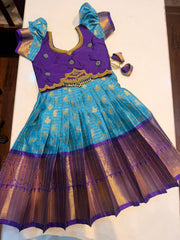 (SB568) GOPURAM - Sea Blue with Purple ORIGINALLY Aari Worked Pavadai Sattai