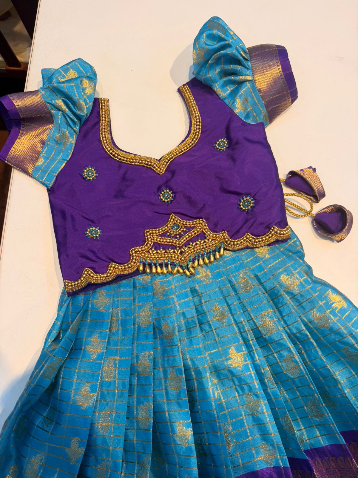 (SB568) GOPURAM - Sea Blue with Purple ORIGINALLY Aari Worked Pavadai Sattai