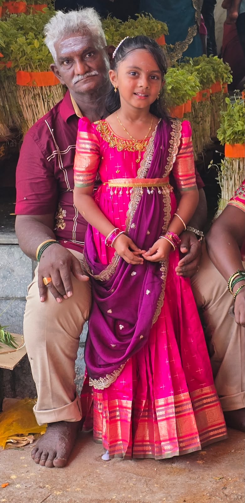 (MAX18) Pink with Originally Aari Worked Silk Gown with Navapalam Colour Sequence Duphatta