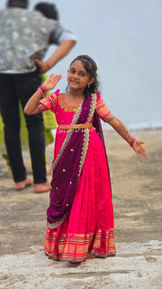 (MAX18) Pink with Originally Aari Worked Silk Gown with Navapalam Colour Sequence Duphatta