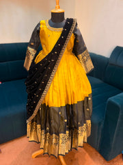 (SB610) Yellow Mehabooba Silk Gown with Shawl Pattern