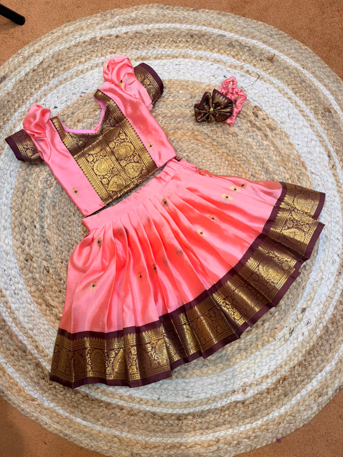 (SB609) Premium Pink with Brown Kanchipuram Butter Silk Pavadai Sattai