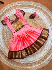 (SB609) Premium Pink with Brown Kanchipuram Butter Silk Pavadai Sattai