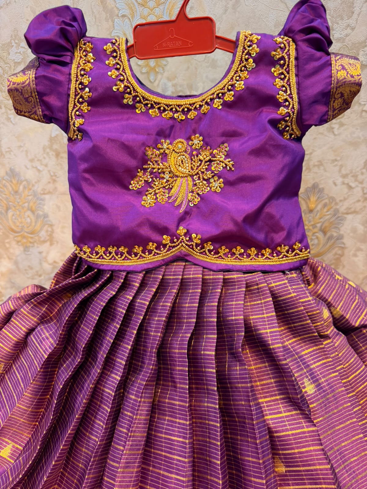 (SB645) Sowbakiya - Premium Purple Silk Gown with Aari Worked Crop Tops