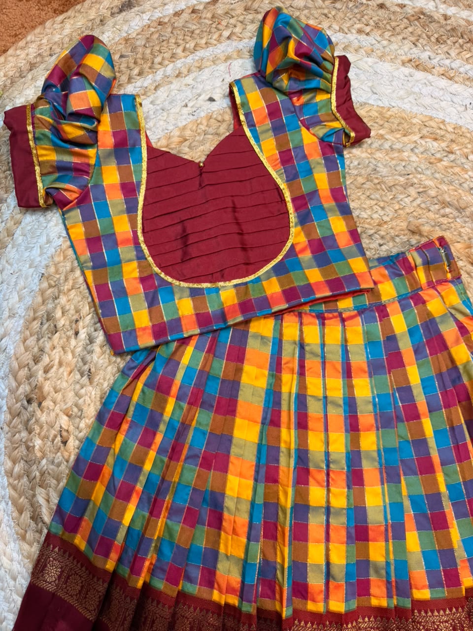 (SB656)Premium Raw Silk Madras Checks / Paalum Pazhamum Kattam Silk Lehenga