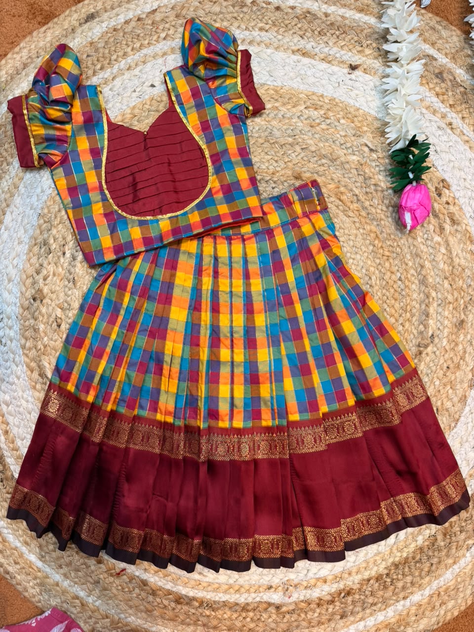(SB656)Premium Raw Silk Madras Checks / Paalum Pazhamum Kattam Silk Lehenga