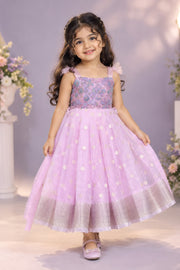 (SB674) Nora - Linen Silk Gown with Thread and Glass Beads Margined Along Flowers
