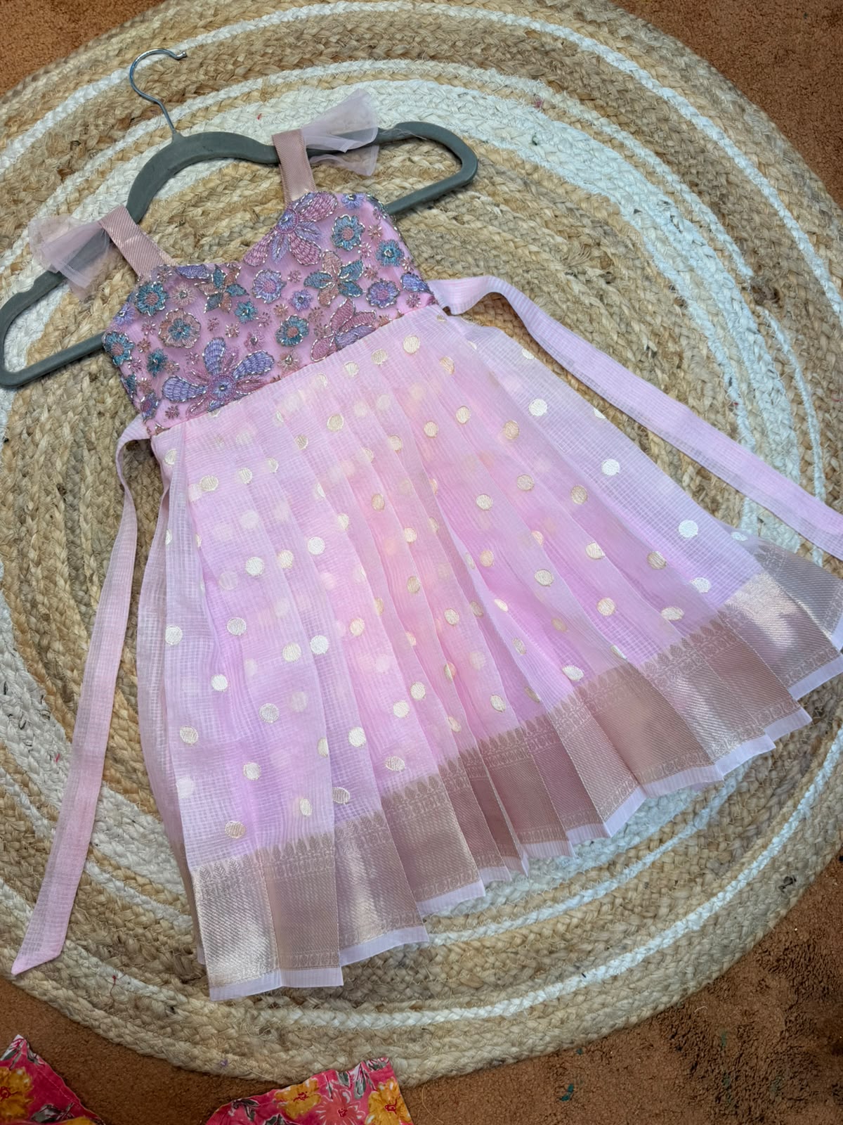 (SB674) Nora - Linen Silk Gown with Thread and Glass Beads Margined Along Flowers