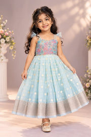 (SB680) Nora SEA GREEN - Linen Silk Gown with Thread and Glass Beads Work