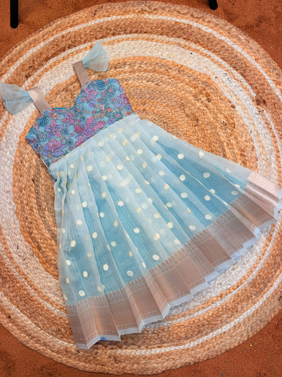 (SB680) Nora SEA GREEN - Linen Silk Gown with Thread and Glass Beads Work