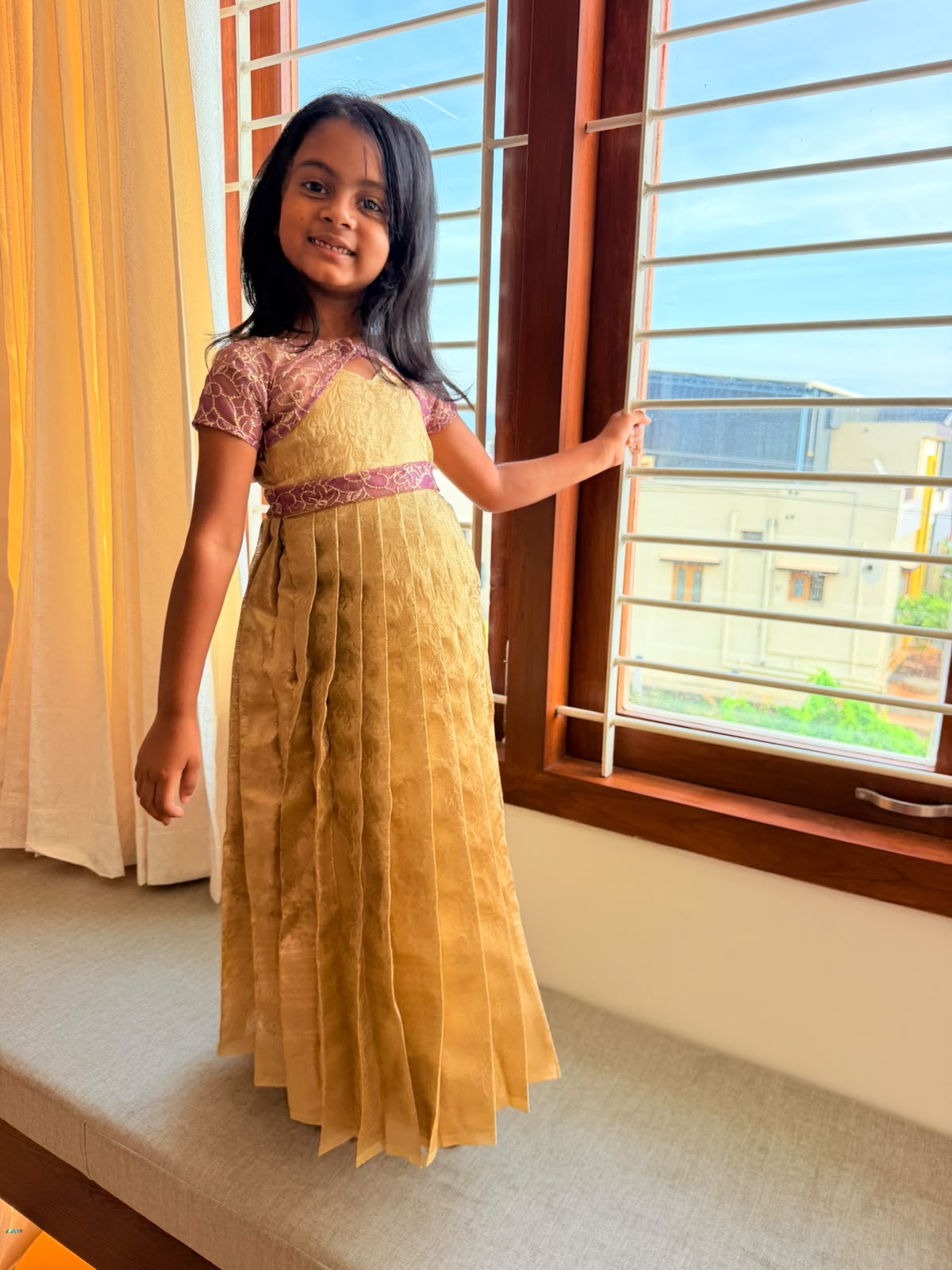 (SB682) Khathija - Golden Silk Gown with Removable Lavender Shrug