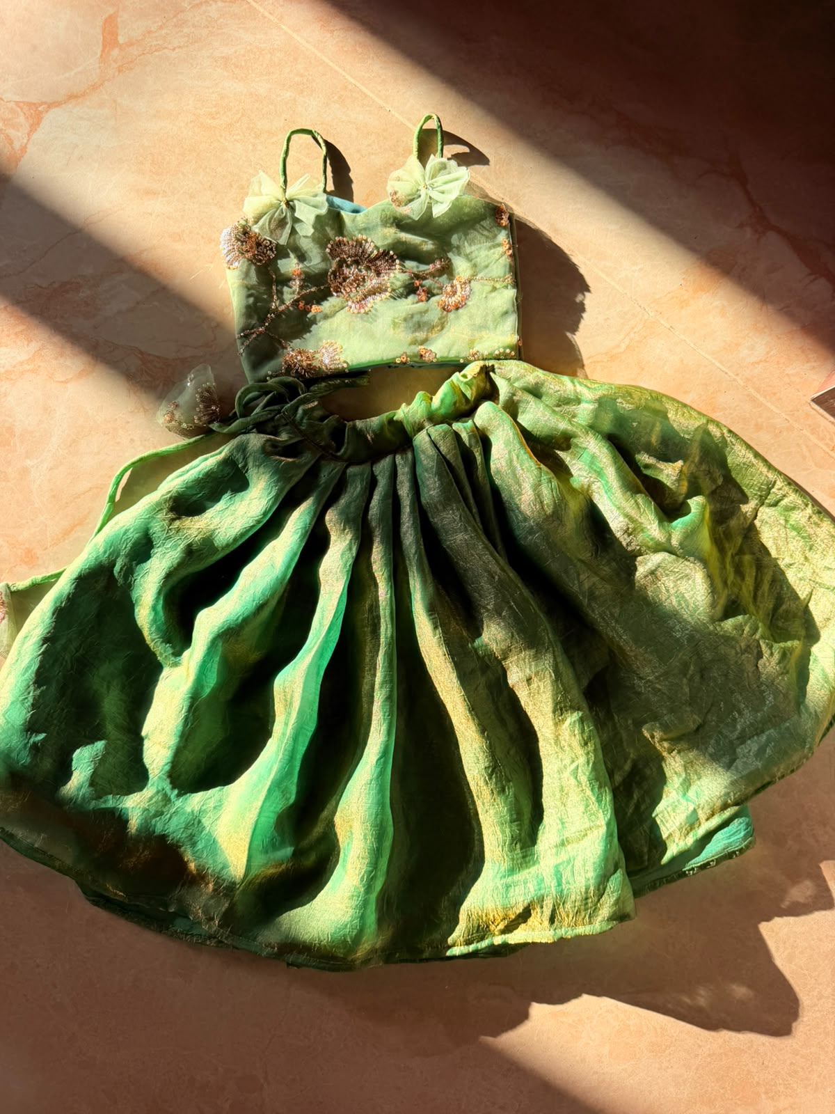(SB683) Emerald Dove - Crushed Space Silk Lehenga