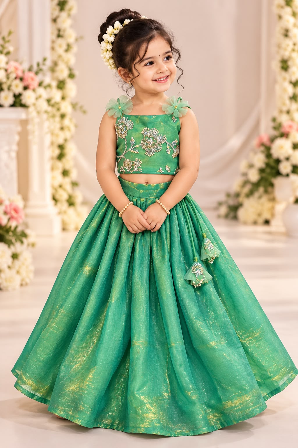 (SB683) Emerald Dove - Crushed Space Silk Lehenga
