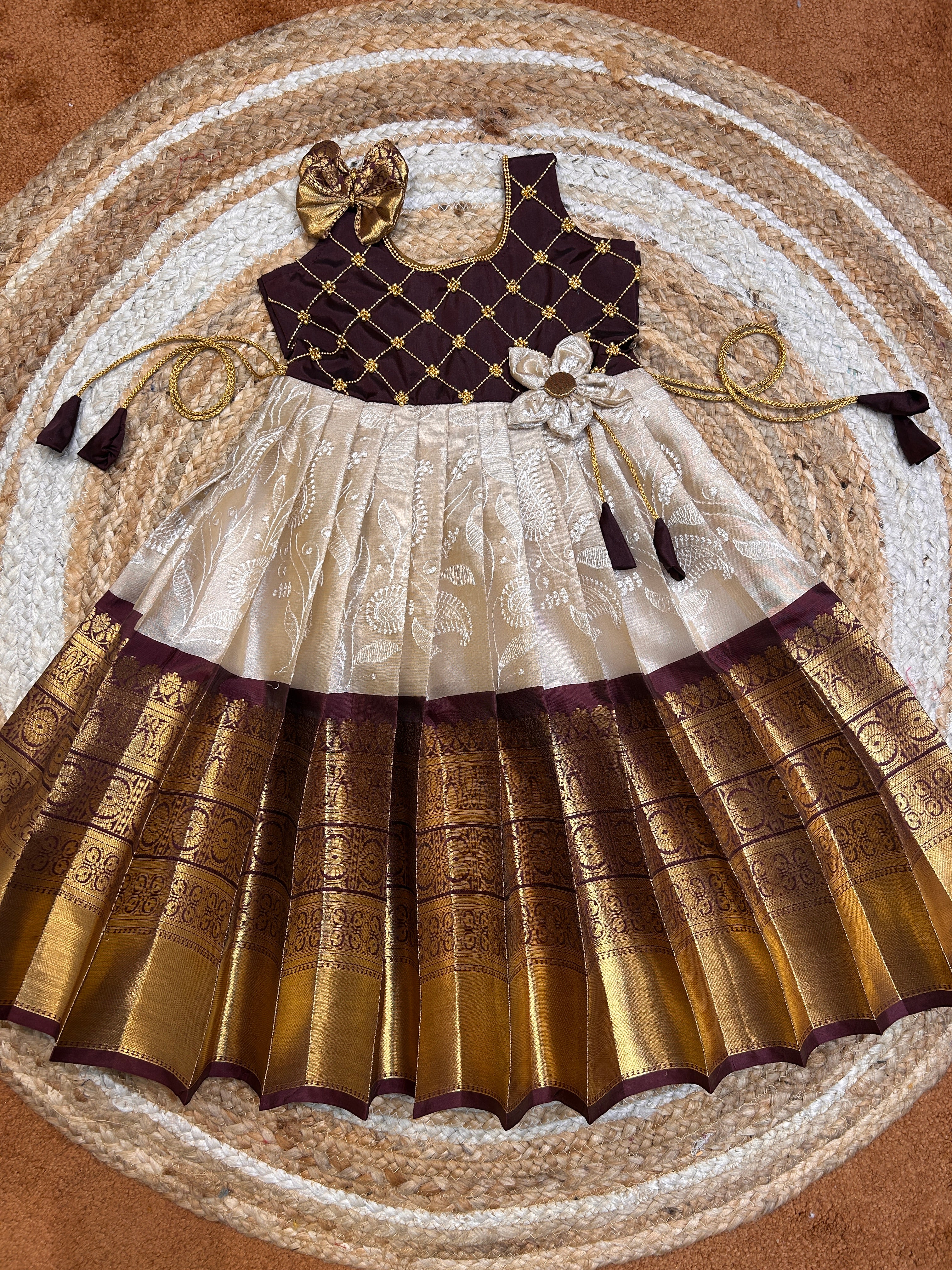 (SB493)Exquisite Brown Kanchi border silk gown with Chikankari worked full embroidery