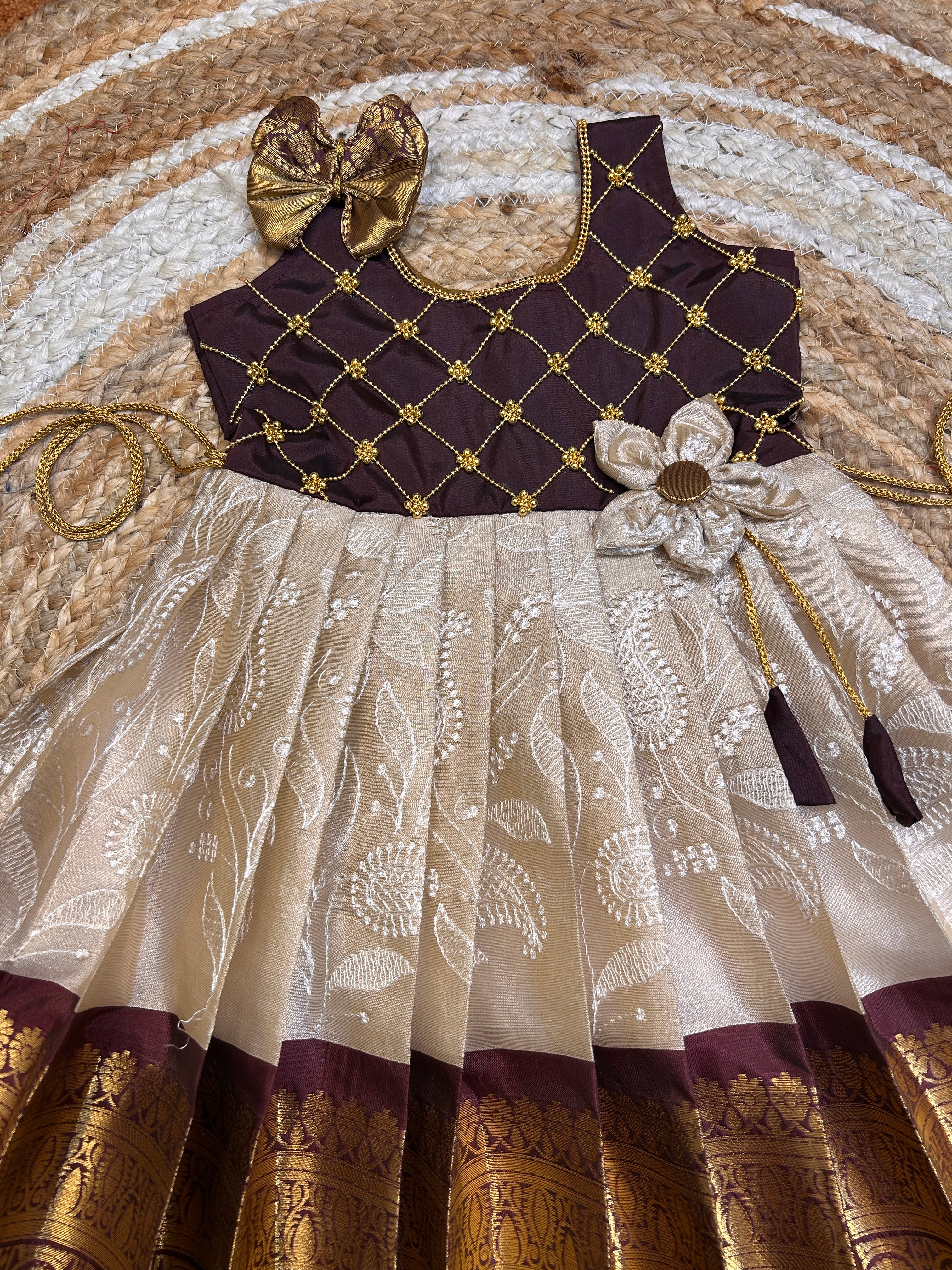 (SB493)Exquisite Brown Kanchi border silk gown with Chikankari worked full embroidery