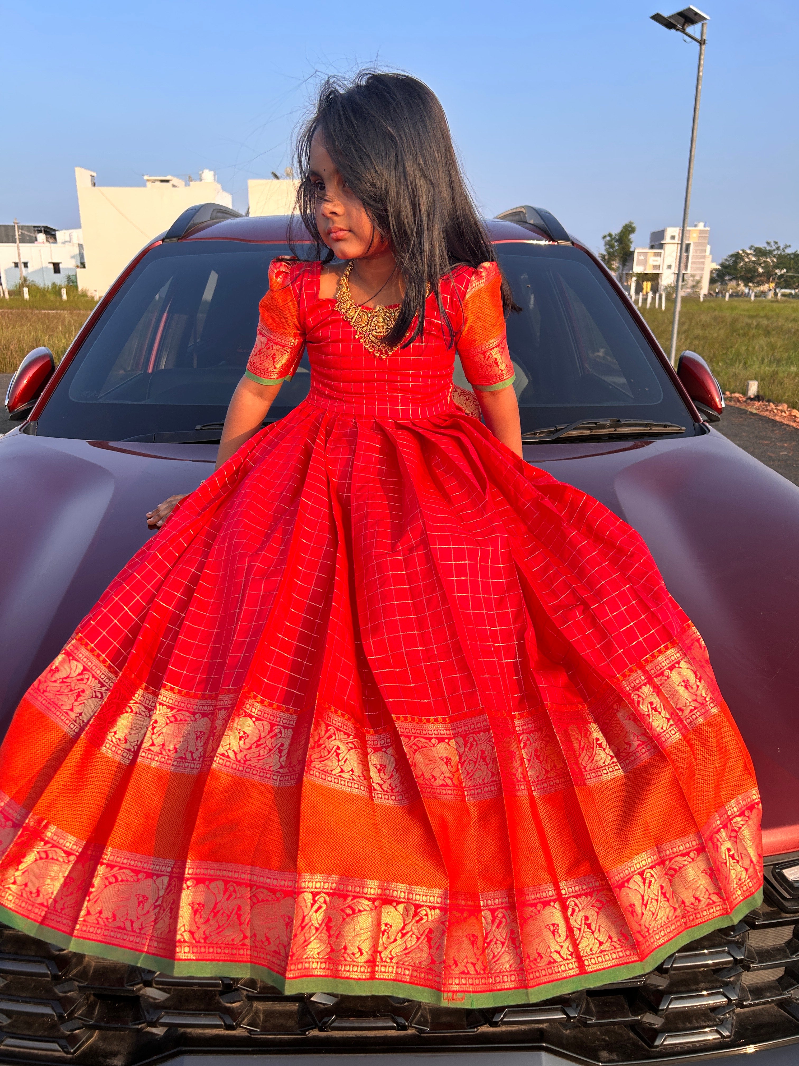 (MAX03)Neeli- Vampire Red Premium Banarasi Maxi – Shewings by Bavani